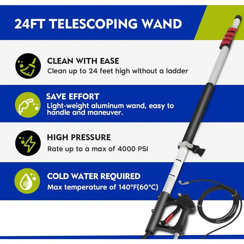 24FT Telescoping Metal Pressure Washer Extension Wand – 7 Nozzles