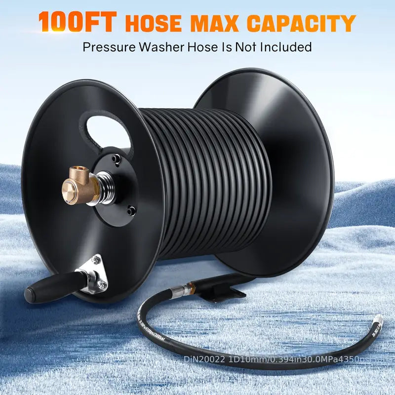 Black Hose Reel for Pressure Washers – 100 Ft Max Capacity (Hose Not Included)