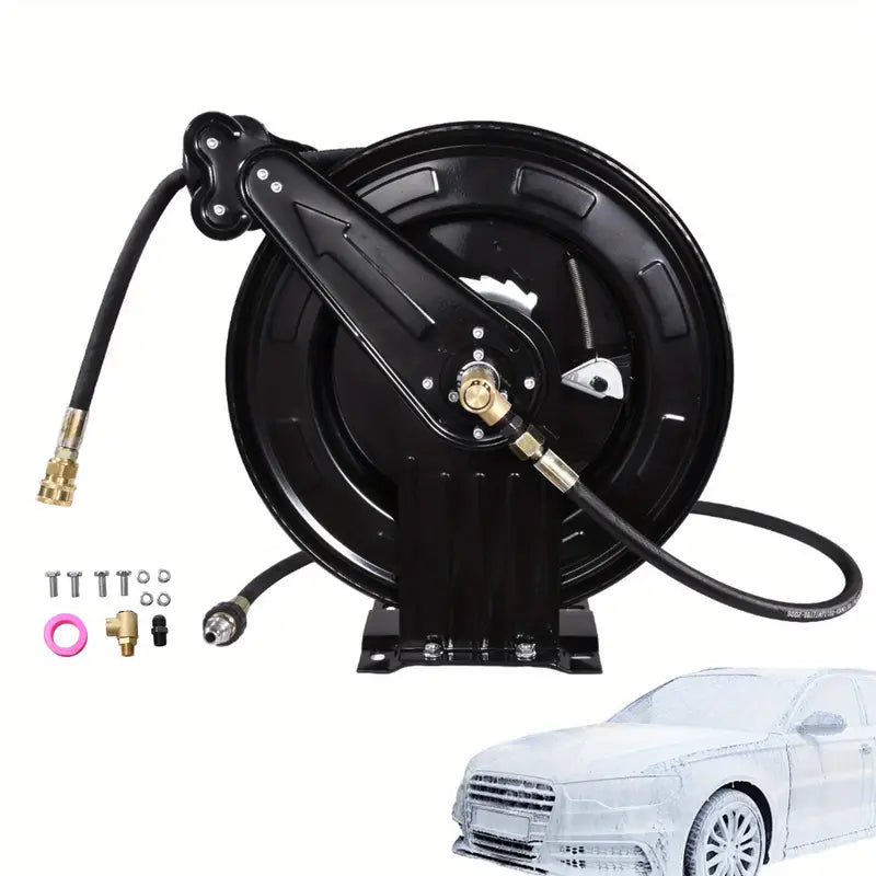 50ft Pressure Washer Hose Reel – 4000 PSI Steel Dual-Arm Design